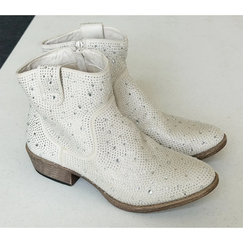 Very G Women's Cowboy Boots Size 11 White Rhinestone Western Cowgirl Booties